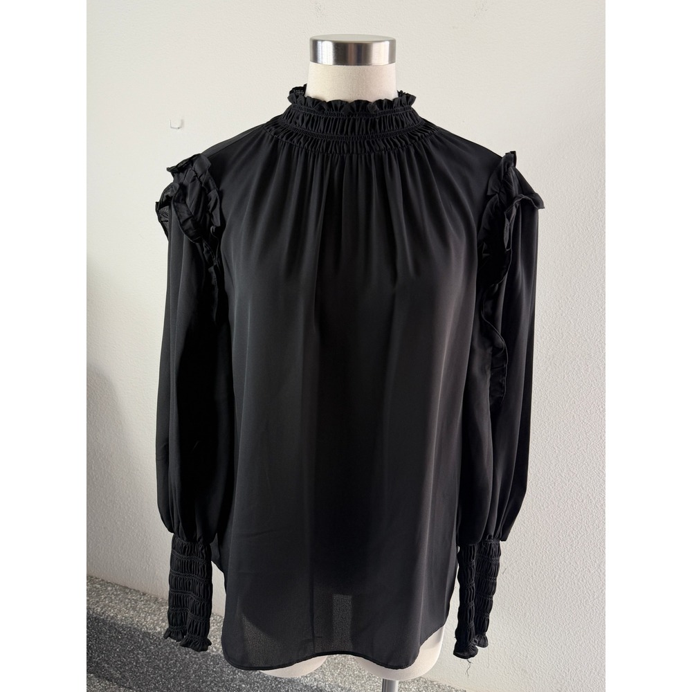 Max Studio Womens Plus 1X Black Smocked Mock Neck Ruffle Shoulder Blouse Top